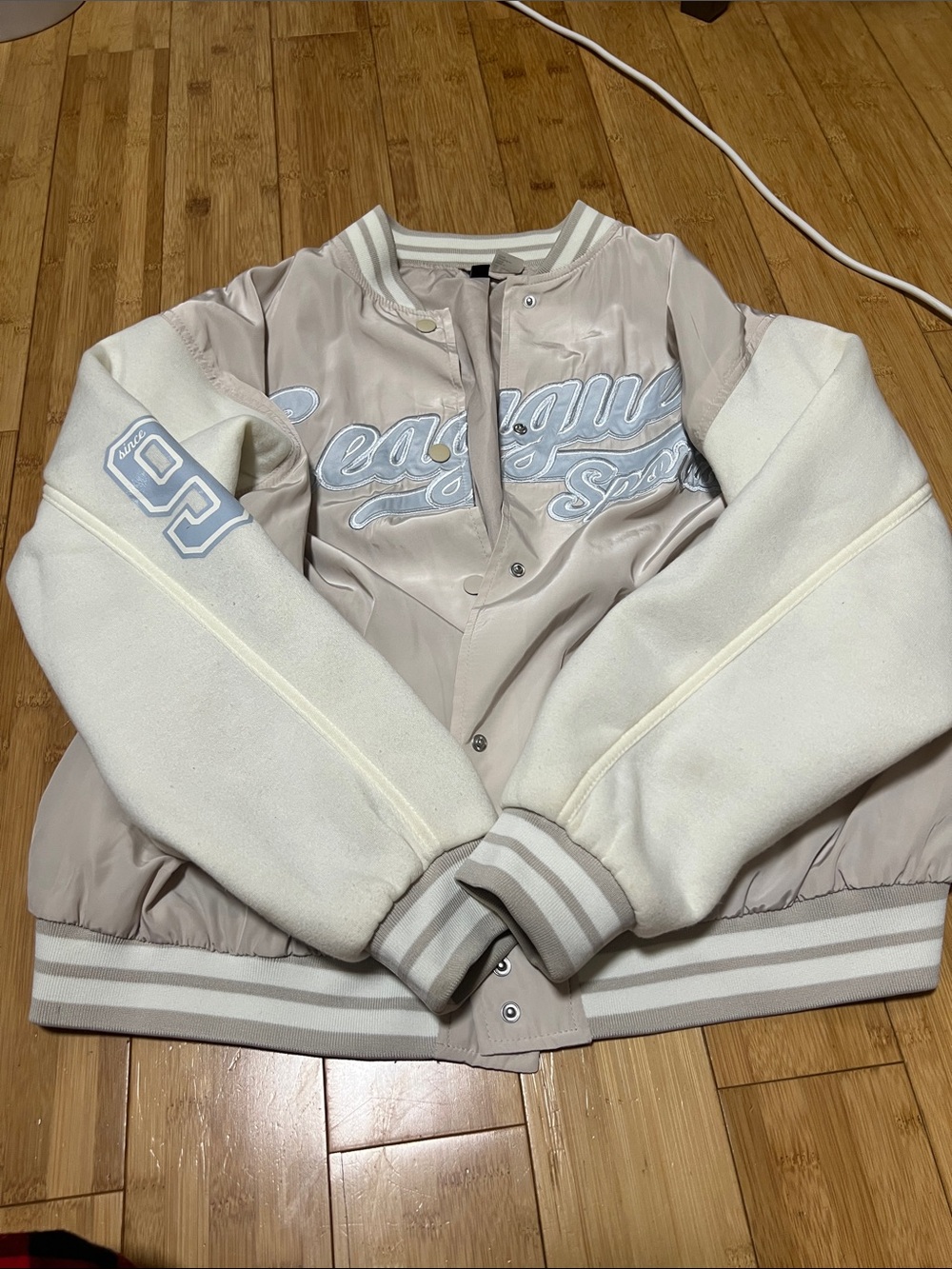 H&M Cream and White Varsity Jacket with Embroidered Script